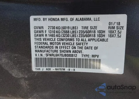 2018 Honda Odyssey Ex-L из США, поврежденный, VIN 5FNRL6H70JB080812